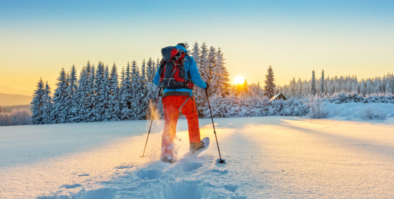 Snowshoe walker running in powder snow
